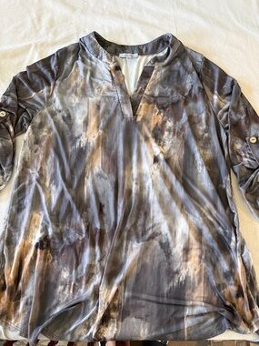 white birch Watercolor-Effect V-Neck Blouse in Gray & Brown